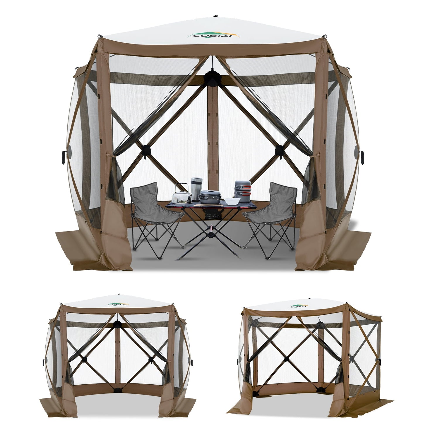 COBIZI 10x10 Pop up Gazebo Screen Tent Screen House for Camping,5 Sided Pop-up Camping Canopy Shelter Tent with Mesh Windows,Portable Outdoor Quick-set Hub Tent with Carrying Bag&Ground Stakes,Gray